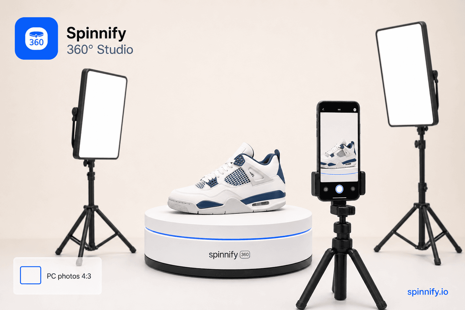 Turntable, soft lights, and camera setup for 360 product photography