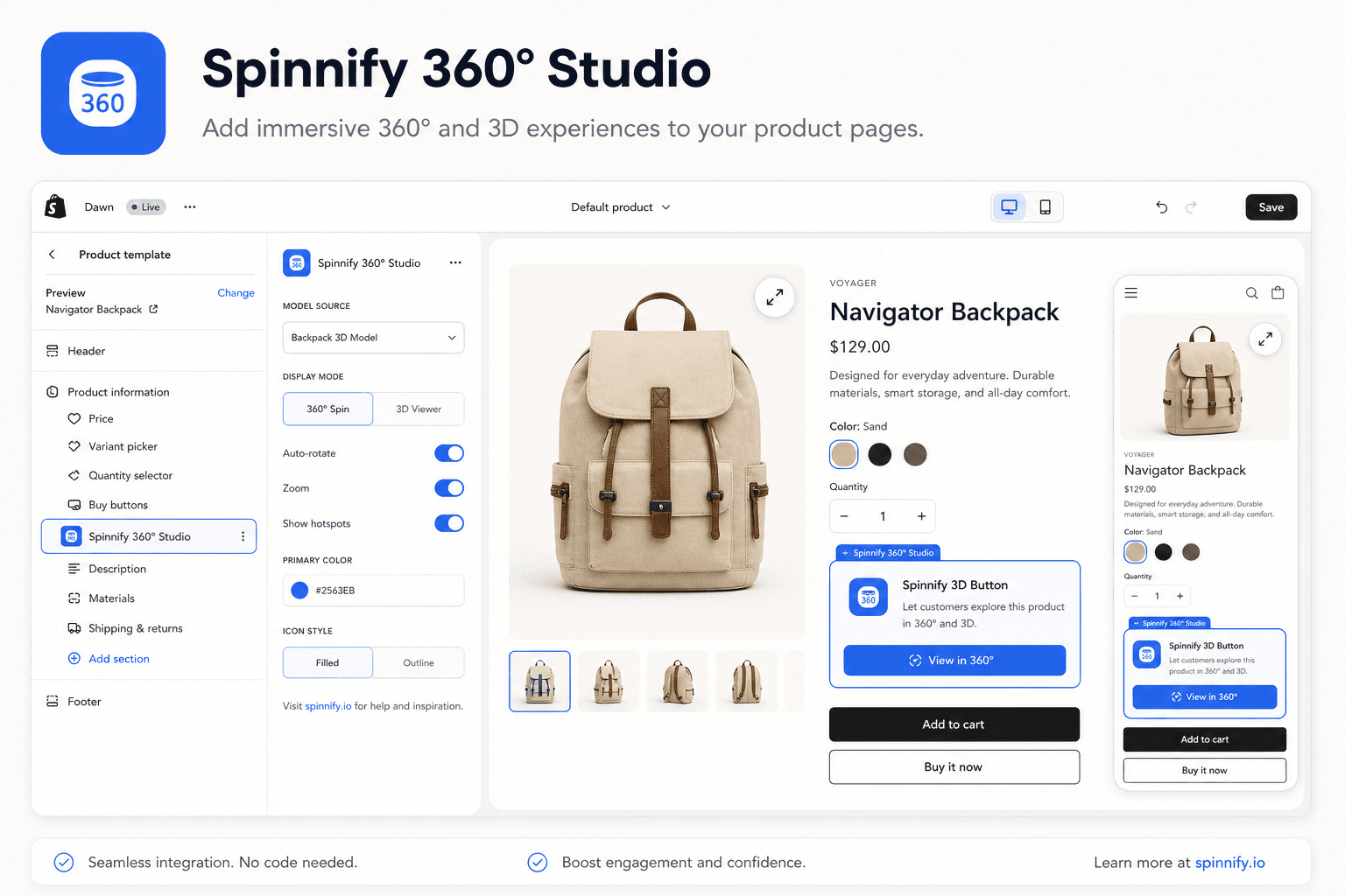 Spinnify 360° viewer on a Shopify product page: 3D View button opening an interactive product spin