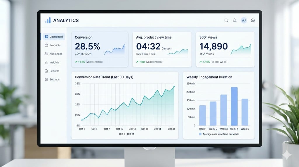 Analytics example: 360° views and average watch time per product